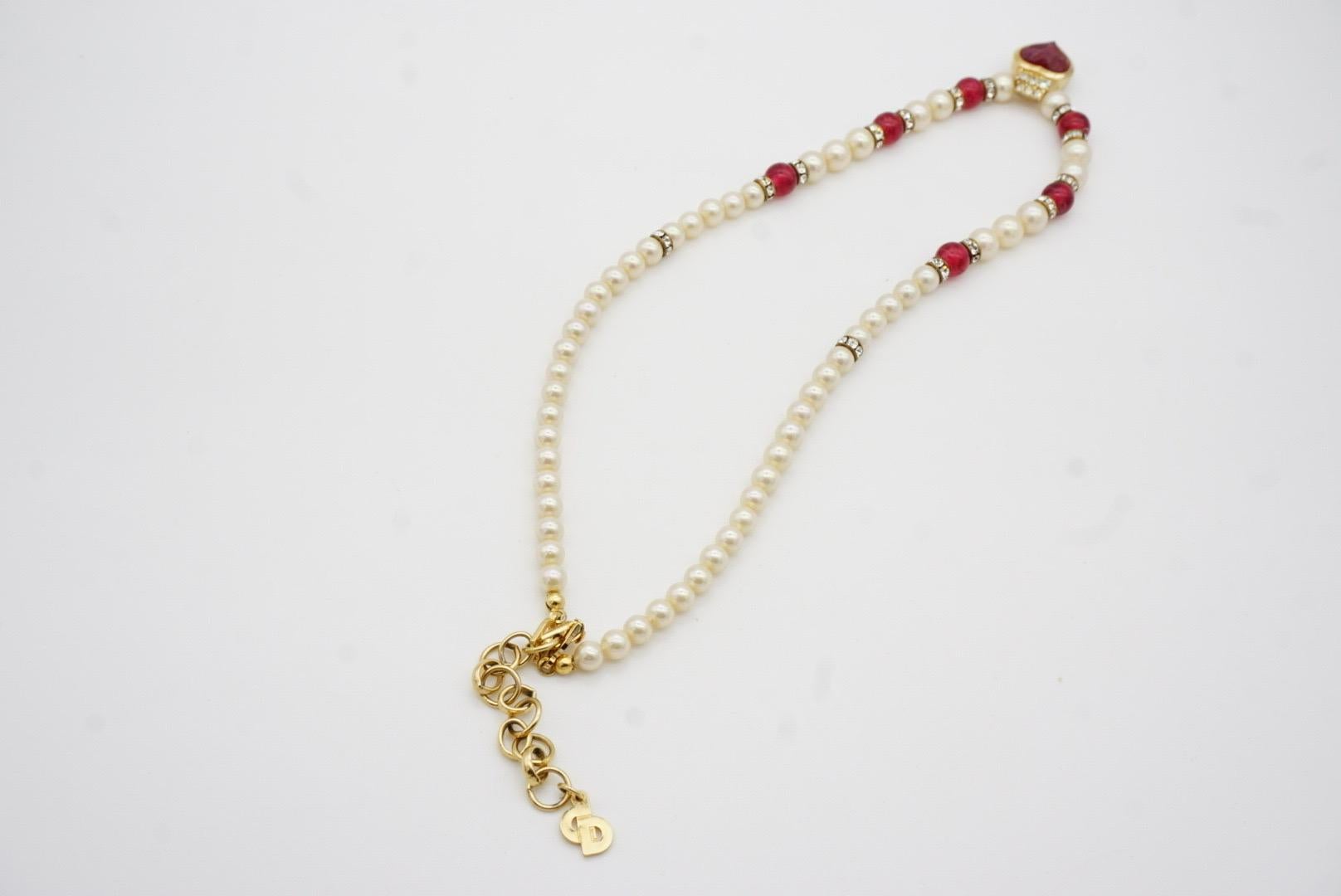 Christian Dior Vintage 1980s Ruby Heart White Pearls Cabochon Crystals Necklace For Sale 10