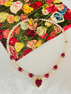 Christian Dior Vintage 1980s Ruby Heart White Pearls Cabochon Crystals Necklace