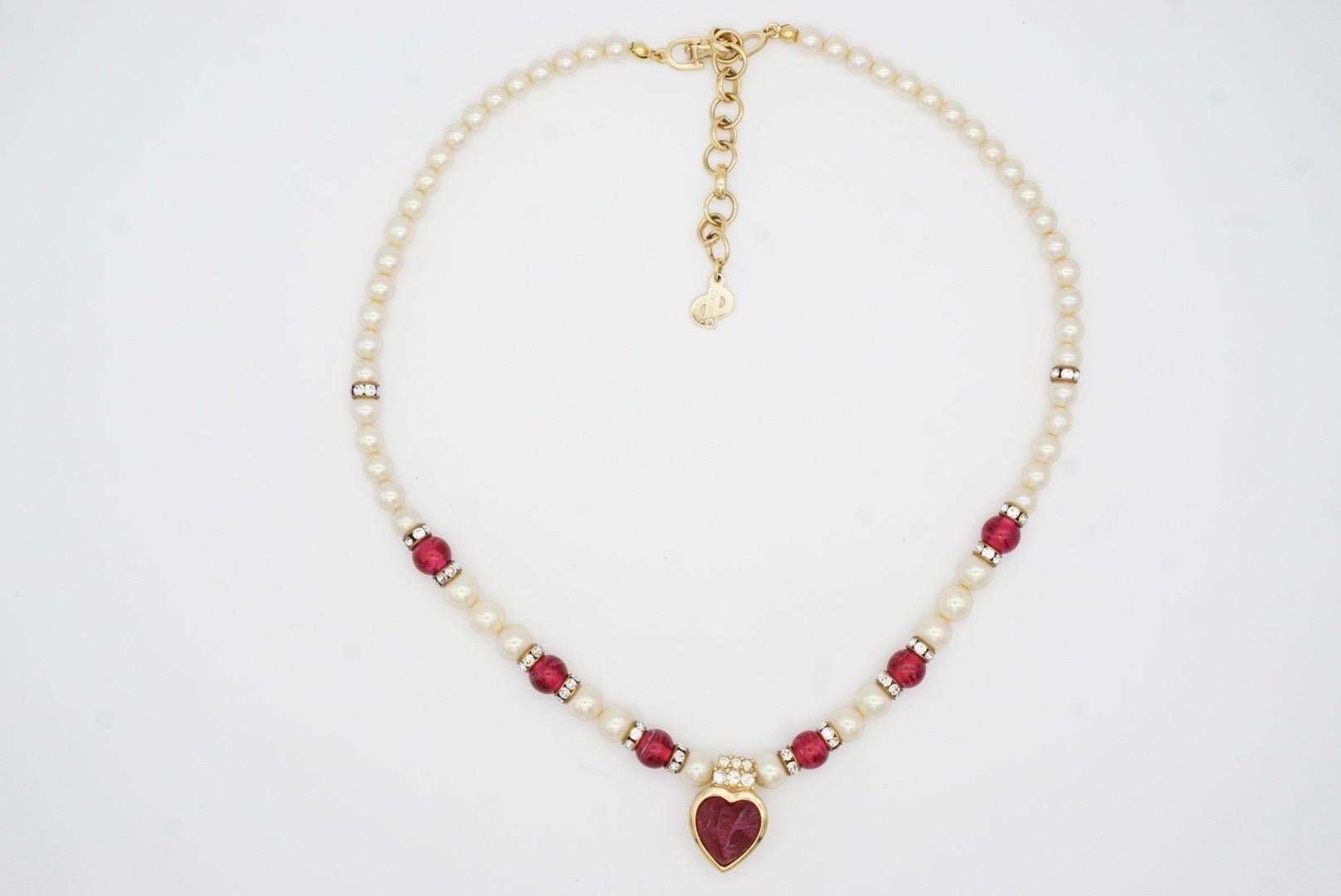 Christian Dior Vintage 1980s Ruby Heart White Pearls Cabochon Crystals Necklace For Sale 4