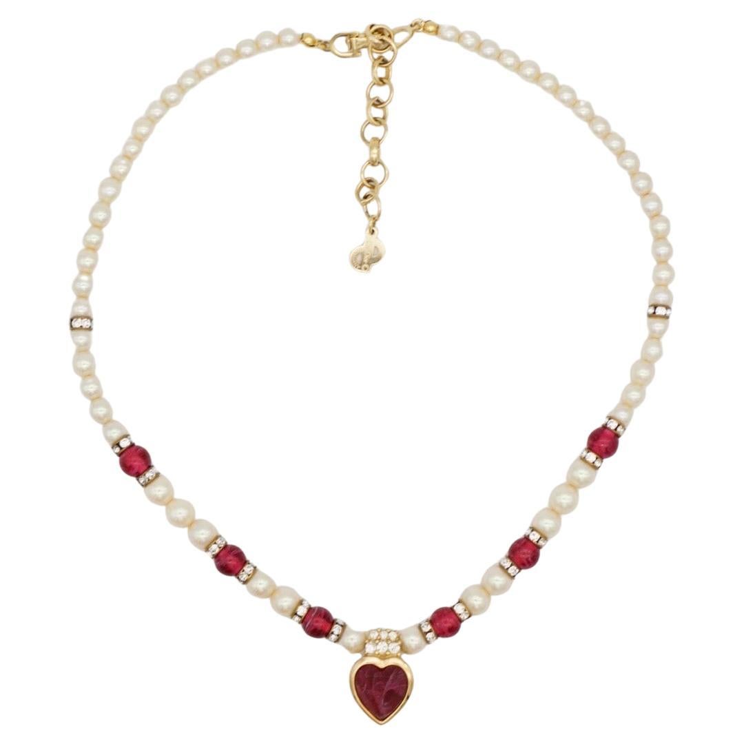 Christian Dior Vintage Años 80 Collar Corazón Rubí Cristales Cabujón Perlas Blancas