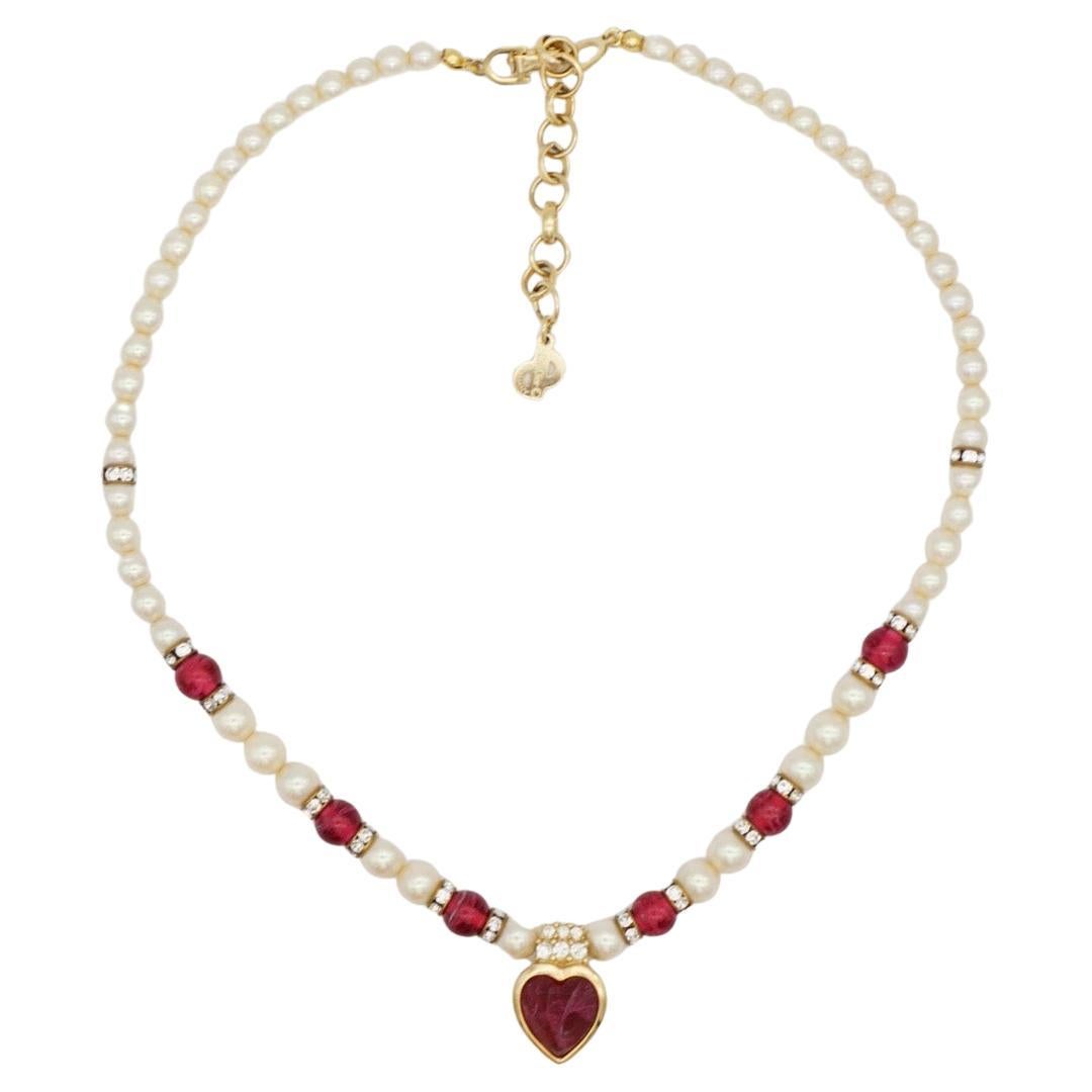 Christian Dior Vintage 1980s Ruby Heart White Pearls Cabochon Crystals Necklace For Sale