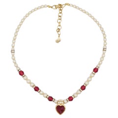 Christian Dior Vintage 1980s Ruby Heart White Pearls Crystals Cabochon Necklace
