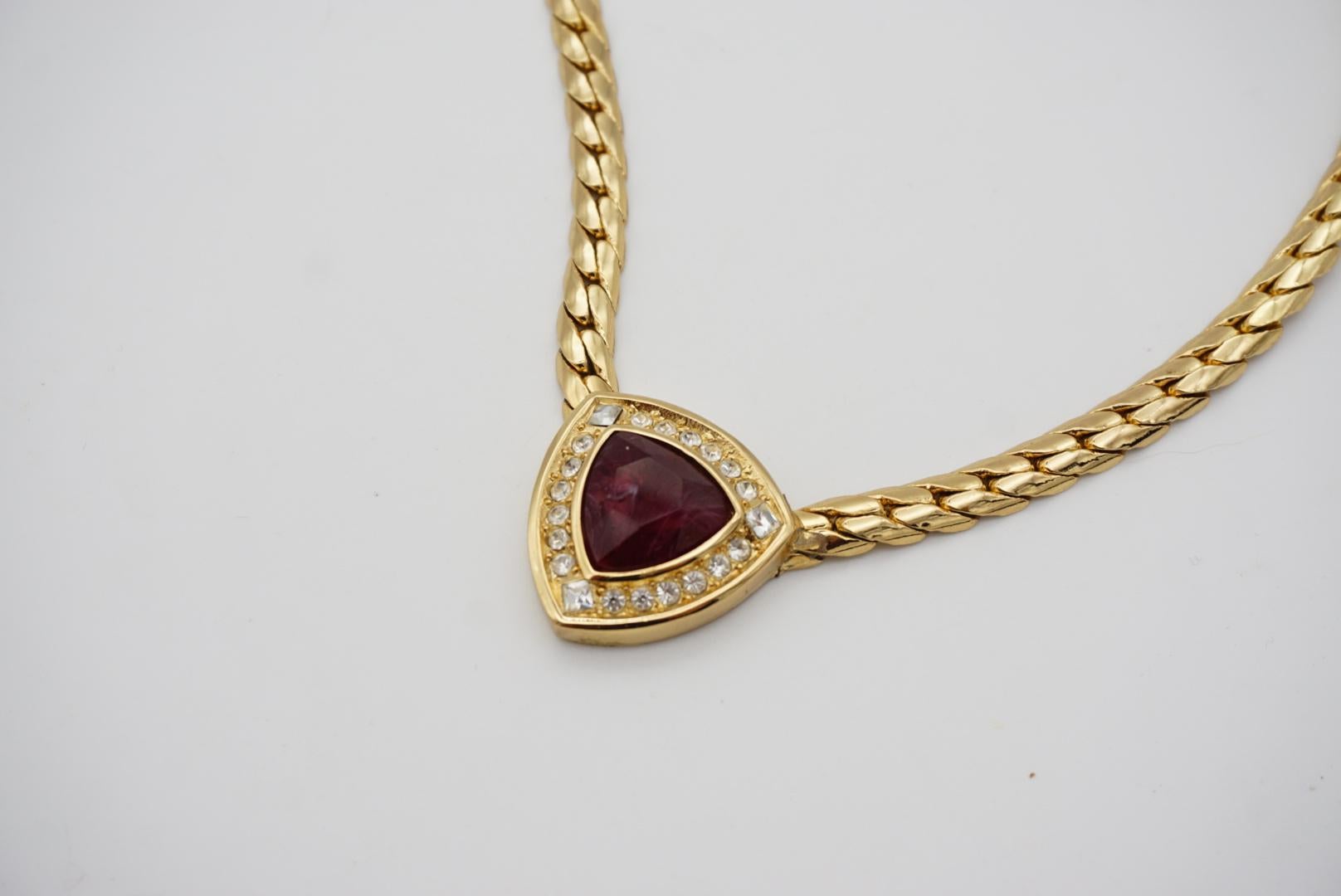 Christian Dior Vintage 1980s Ruby Red Diamond Triangle Crystals Gold Necklace For Sale 5