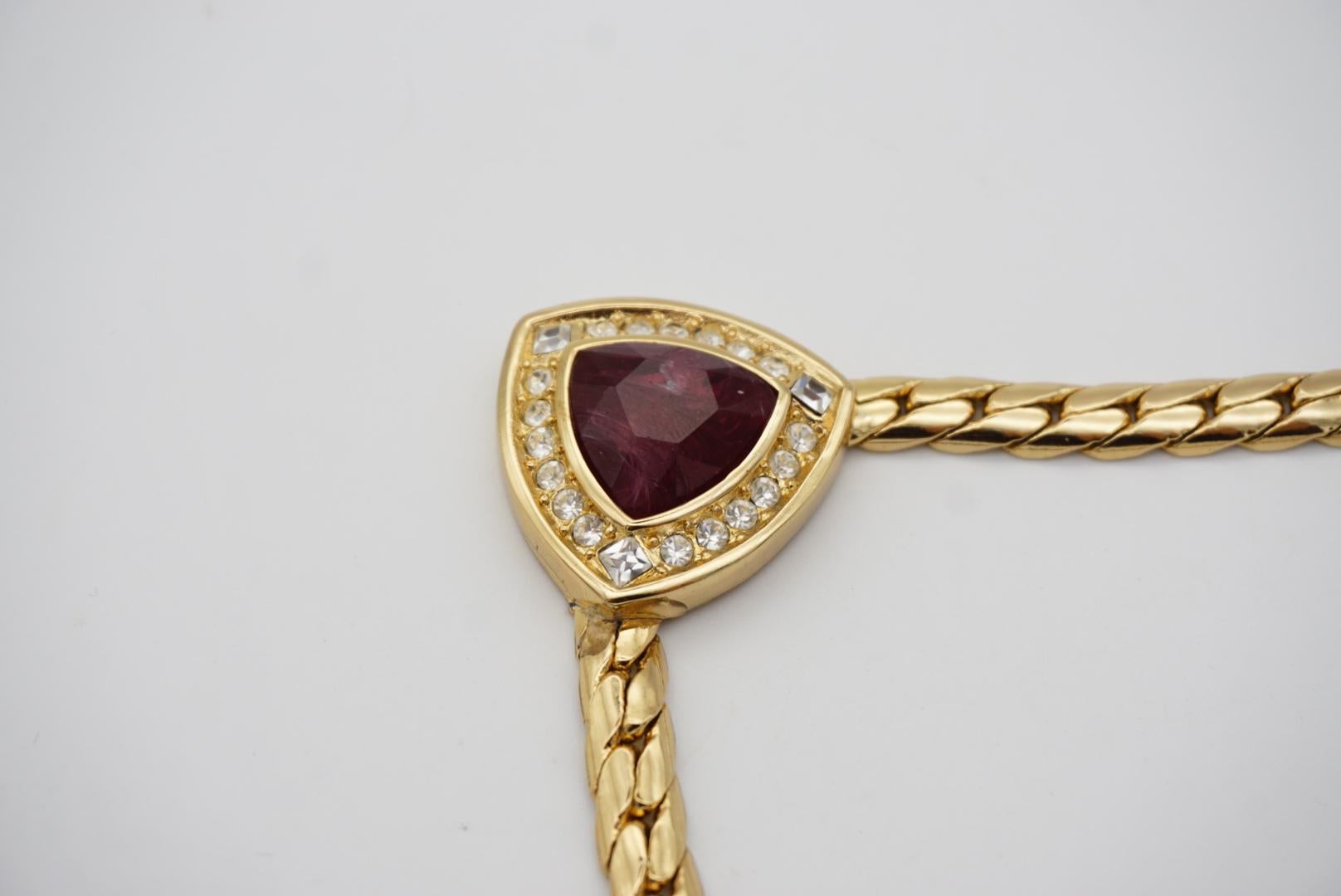 Christian Dior Vintage 1980s Ruby Red Diamond Triangle Crystals Gold Necklace For Sale 5