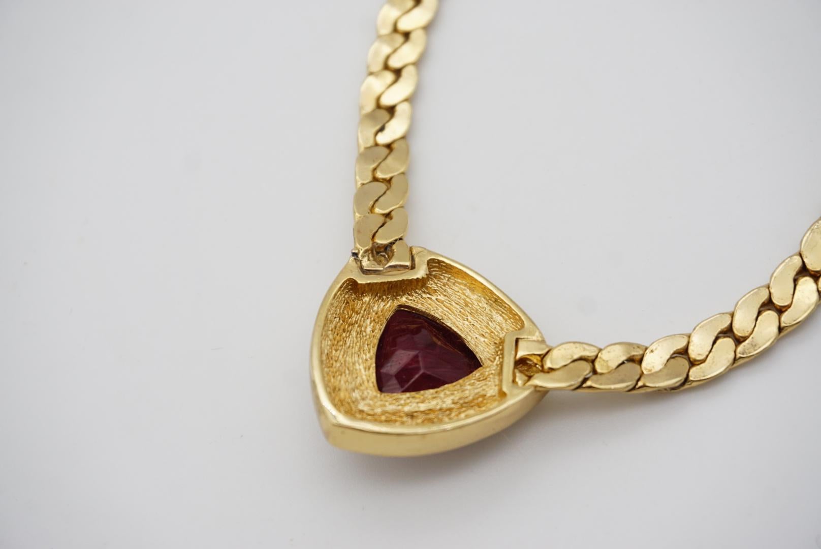 Christian Dior Vintage 1980s Ruby Red Diamond Triangle Crystals Gold Necklace For Sale 7