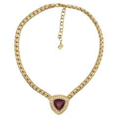 Christian Dior Vintage 1980s Ruby Red Diamond Triangle Crystals Gold Necklace