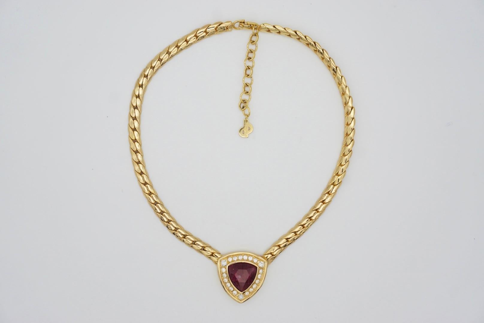 Christian Dior Vintage 1980s Ruby Red Diamond Triangle Crystals Gold Necklace For Sale 3