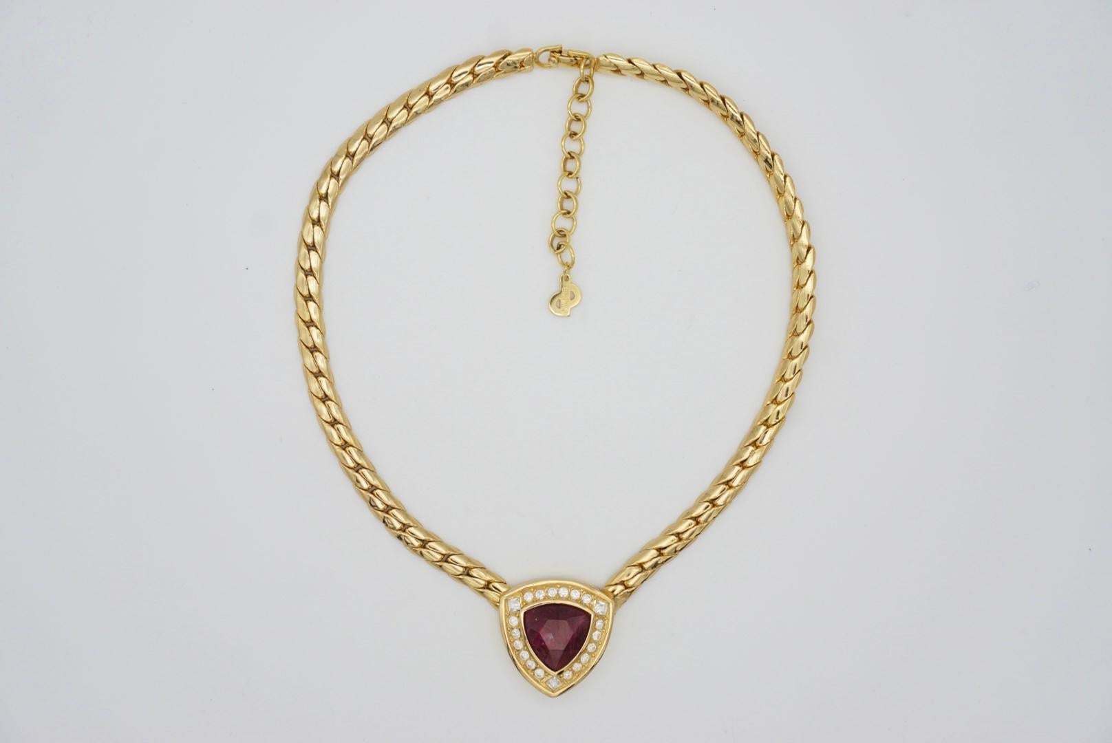 Christian Dior Vintage 1980s Ruby Red Diamond Triangle Crystals Gold Necklace For Sale 4
