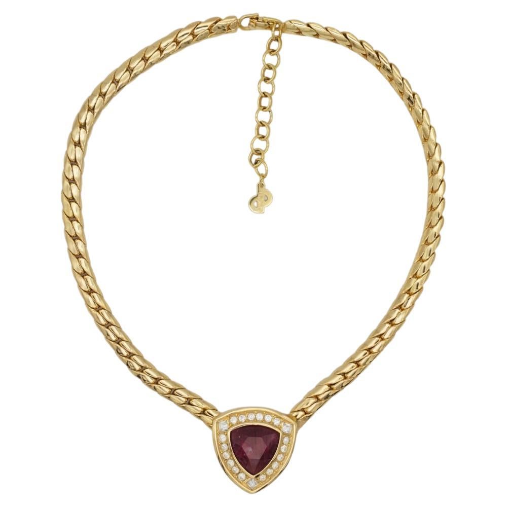 Christian Dior Vintage anni '80, collana d'oro con cristalli a triangolo e diamanti rossi e rubino