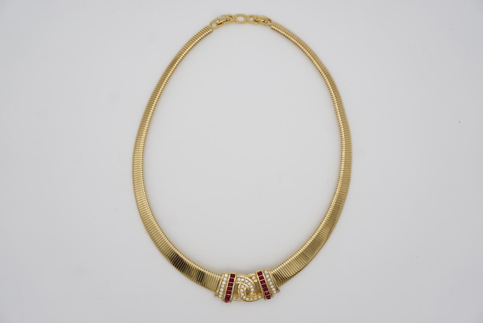 Christian Dior Vintage 1980s Ruby Red Ribbed Interlock Bow Gold Choker Necklace In Excellent Condition In Wokingham, England