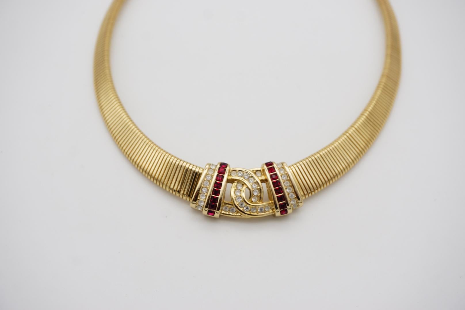 Women's or Men's Christian Dior Vintage 1980s Ruby Red Ribbed Interlock Bow Gold Choker Necklace