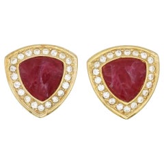 Christian Dior Vintage 1980s Ruby Triangle Shield Crystals Gold Clip Earrings
