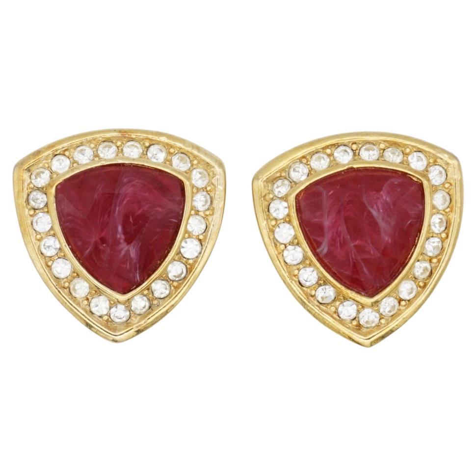 Christian Dior Vintage 1980s Ruby Triangle Shield Crystals Gold Clip Earrings For Sale