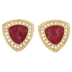 Christian Dior Vintage 1980s Ruby Triangle Shield Crystals Gold Clip Earrings