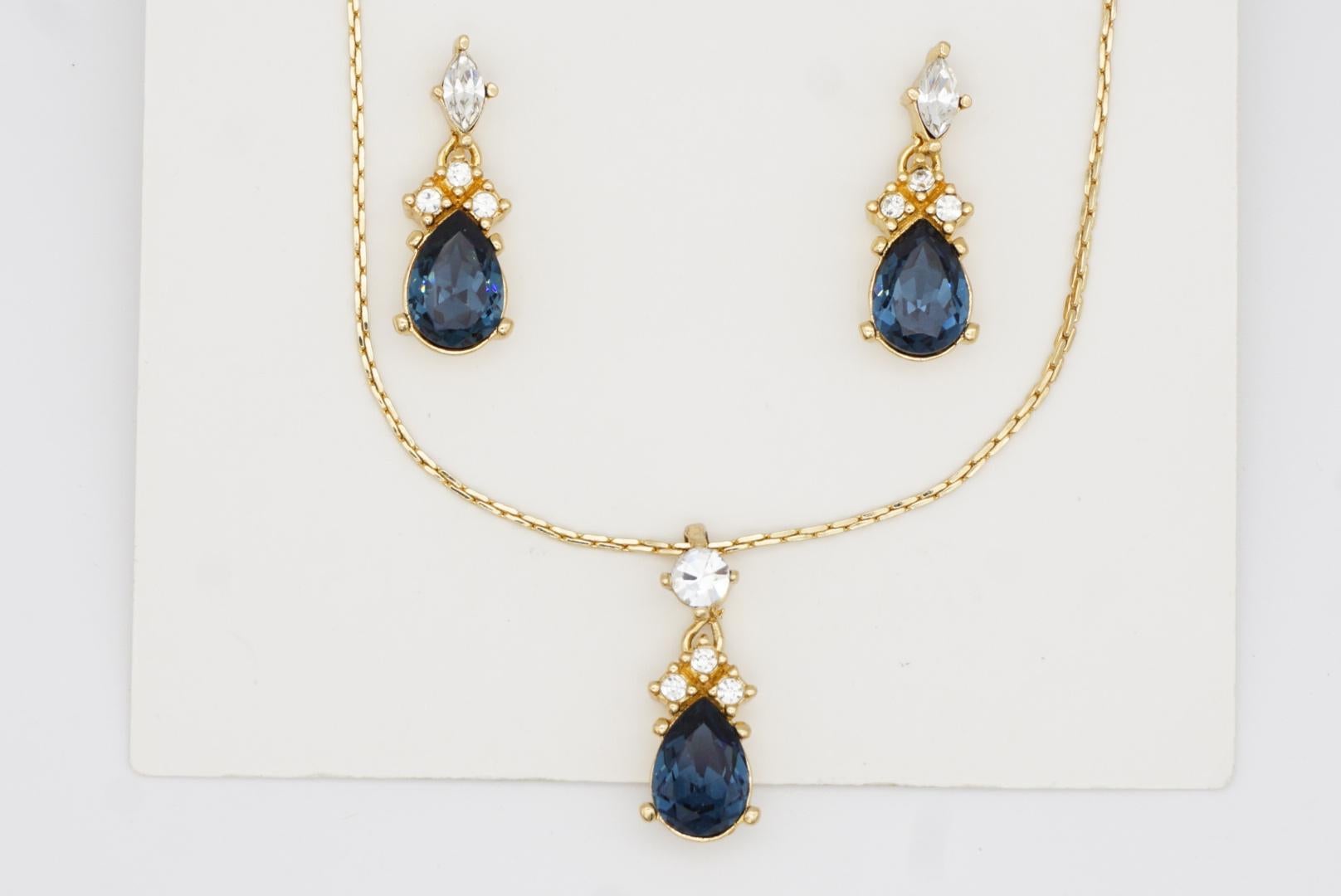 Christian Dior Vintage 1980s Sapphire Clear Crystals Water Tear Drop Gold 2 Set For Sale 5