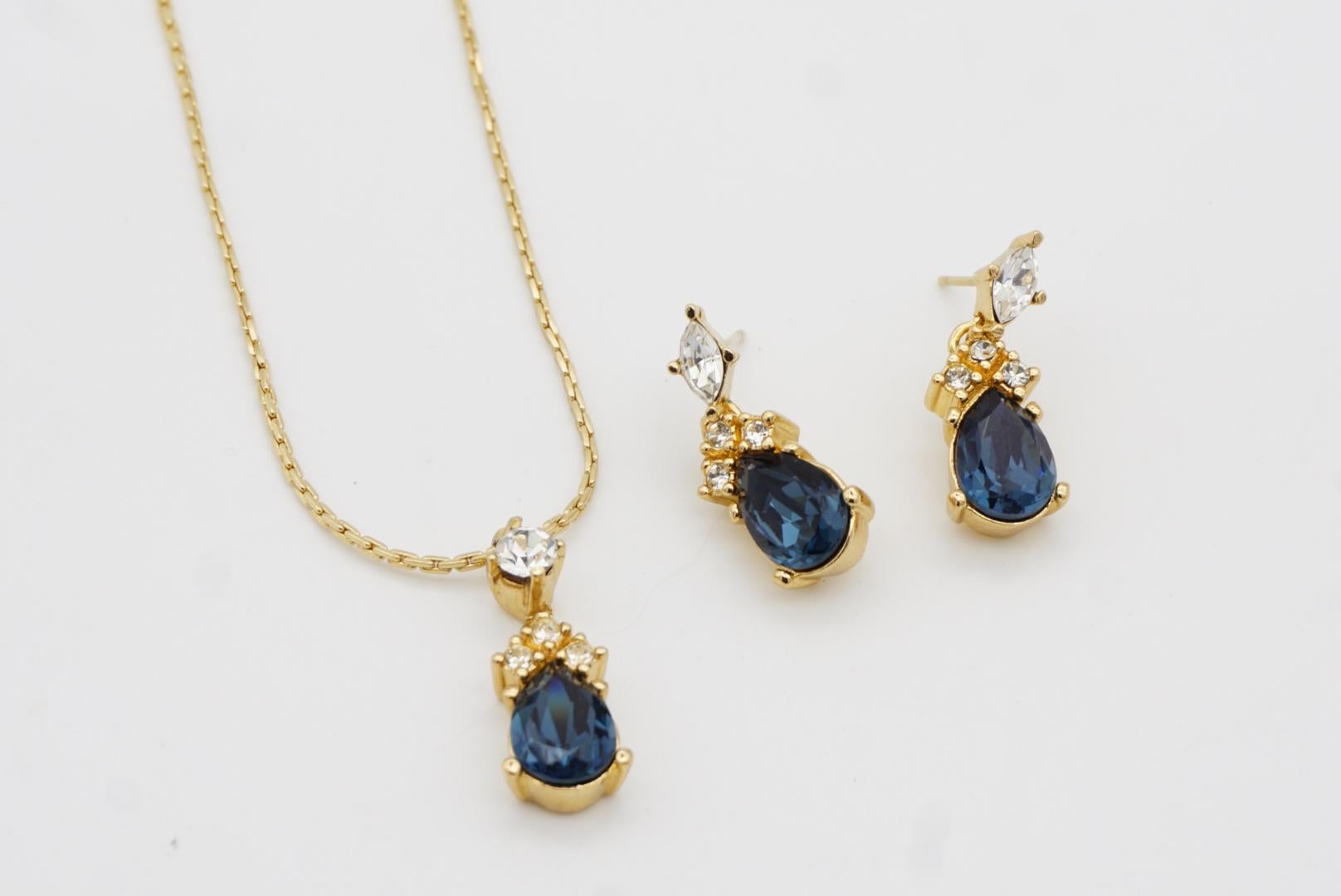 Christian Dior Vintage 1980s Sapphire Clear Crystals Water Tear Drop Gold 2 Set For Sale 6