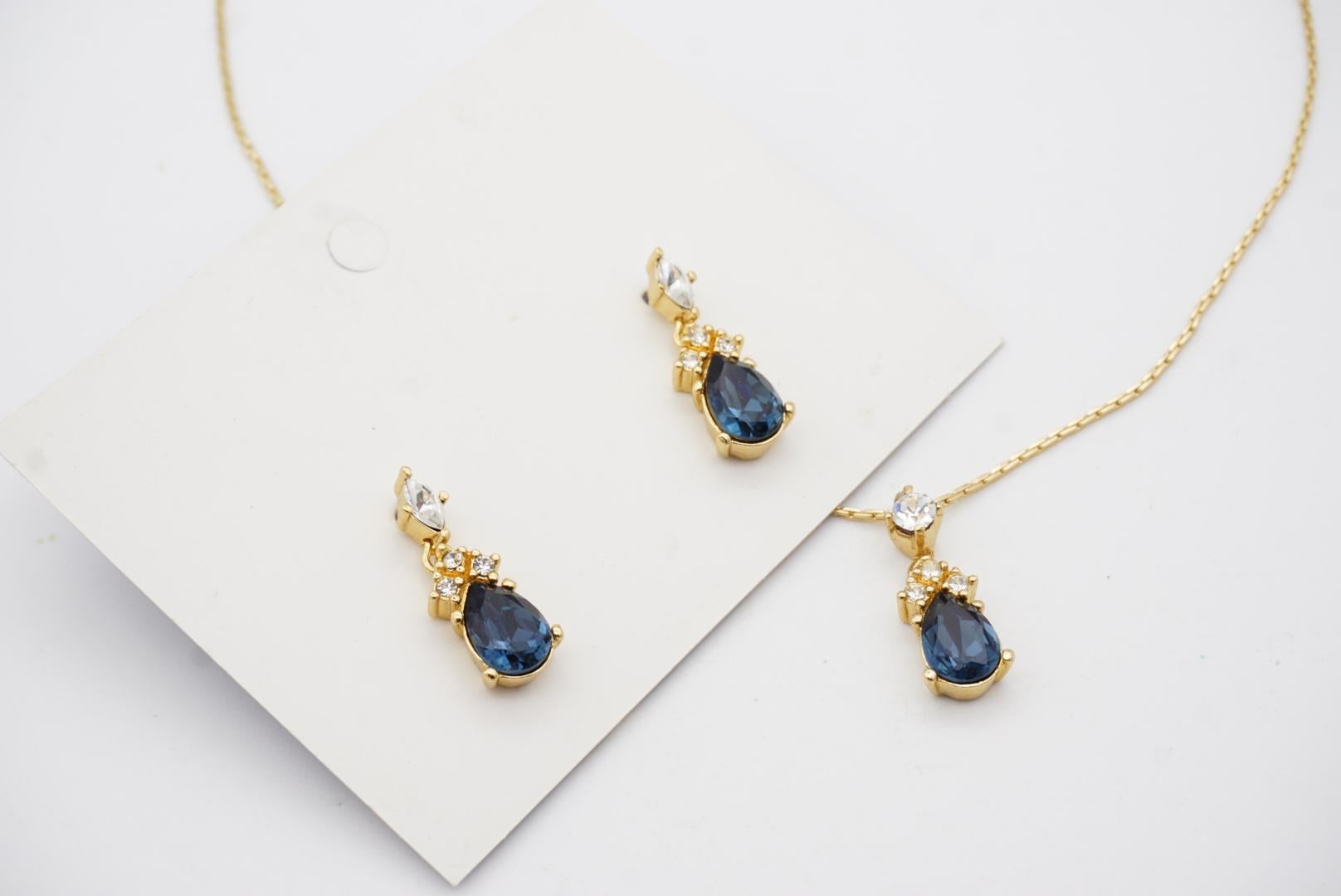 Christian Dior Vintage 1980s Sapphire Clear Crystals Water Tear Drop Gold 2 Set For Sale 7