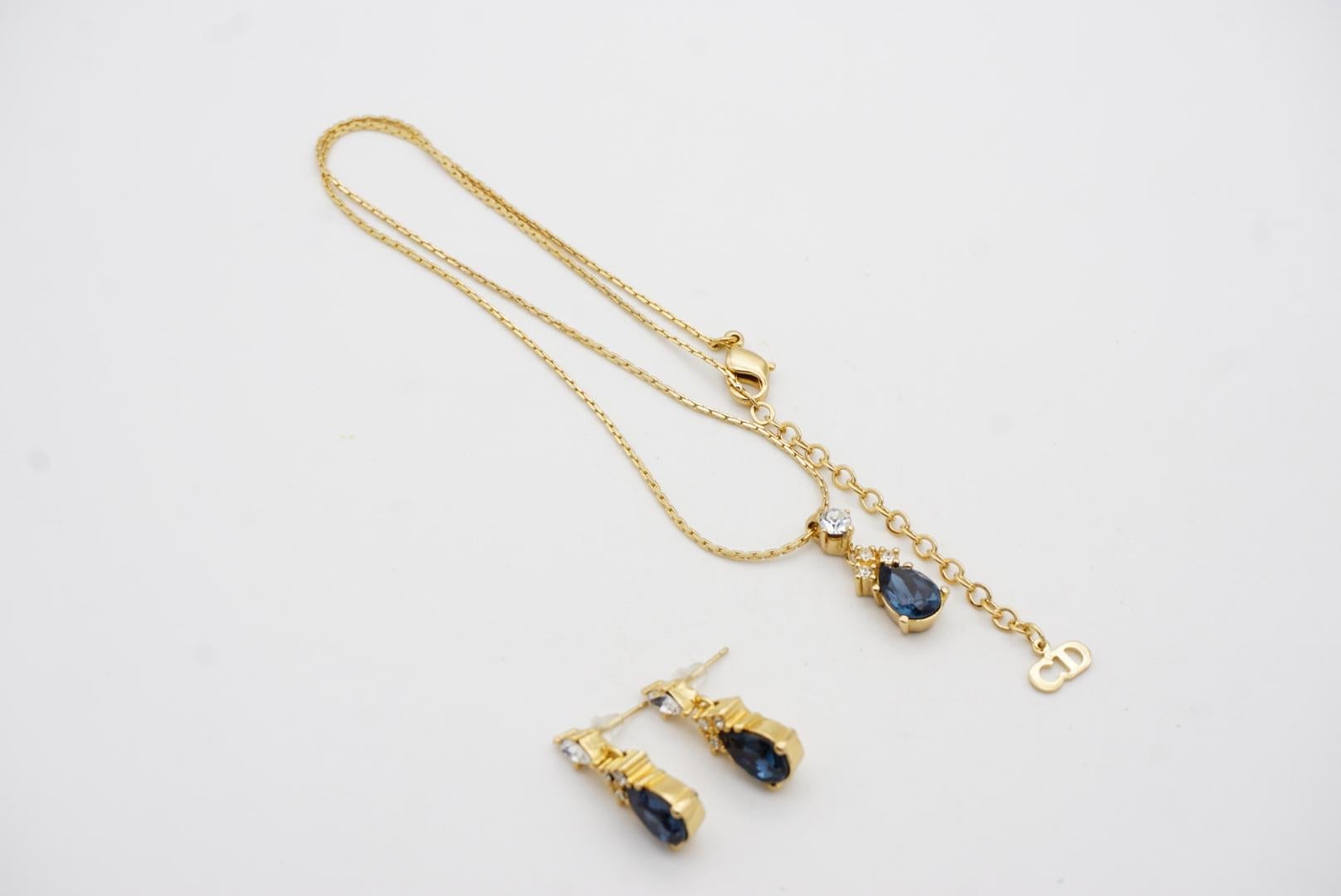 Christian Dior Vintage 1980s Sapphire Clear Crystals Water Tear Drop Gold 2 Set For Sale 9
