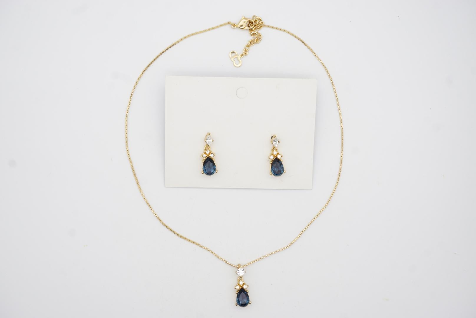 Christian Dior Vintage 1980s Sapphire Clear Crystals Water Tear Drop Gold 2 Set For Sale 10