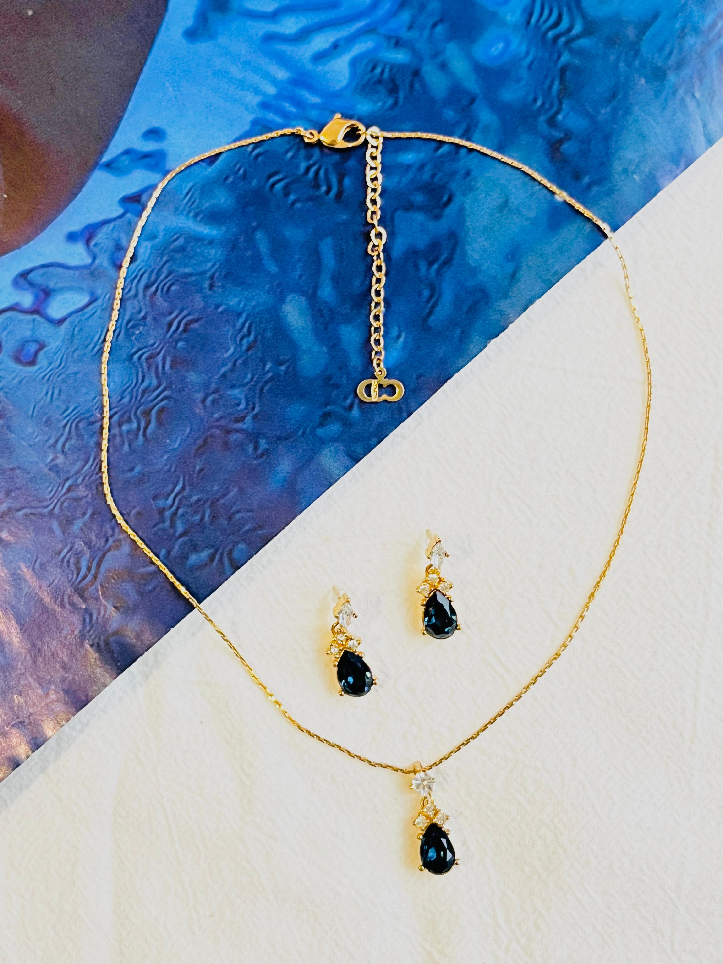 Christian Dior Vintage 1980s Sapphire Clear Crystals Water Tear Drop Gold 2 Set In Good Condition For Sale In Wokingham, England