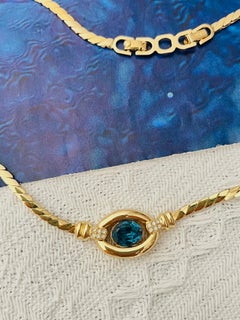 Christian Dior Vintage 1980s Sapphire Crystals Oval Evil Eye Pendant Necklace
