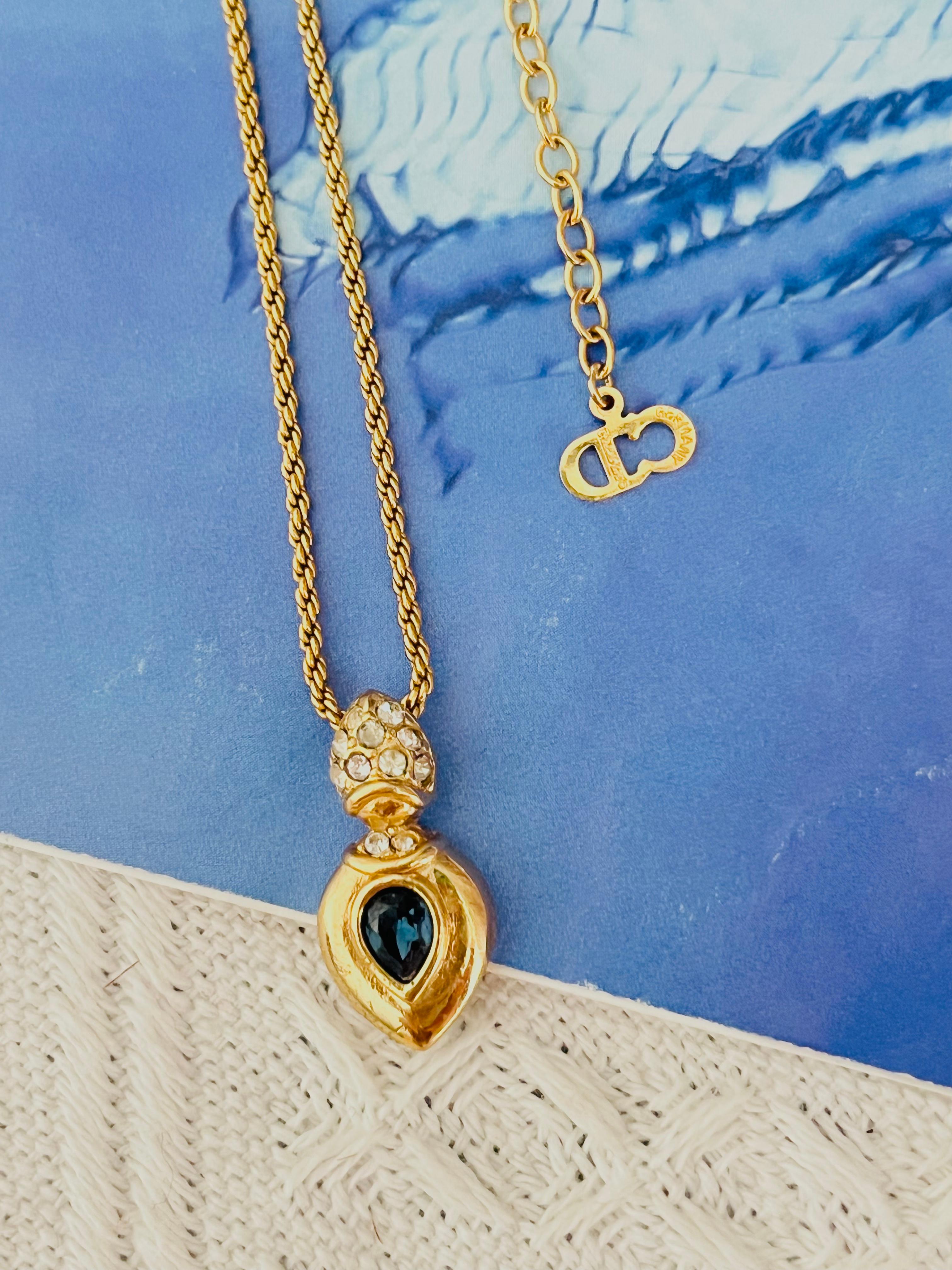 Art Deco Christian Dior Vintage 1980s Sapphire Crystals Water Tear Drop Pendant Necklace For Sale