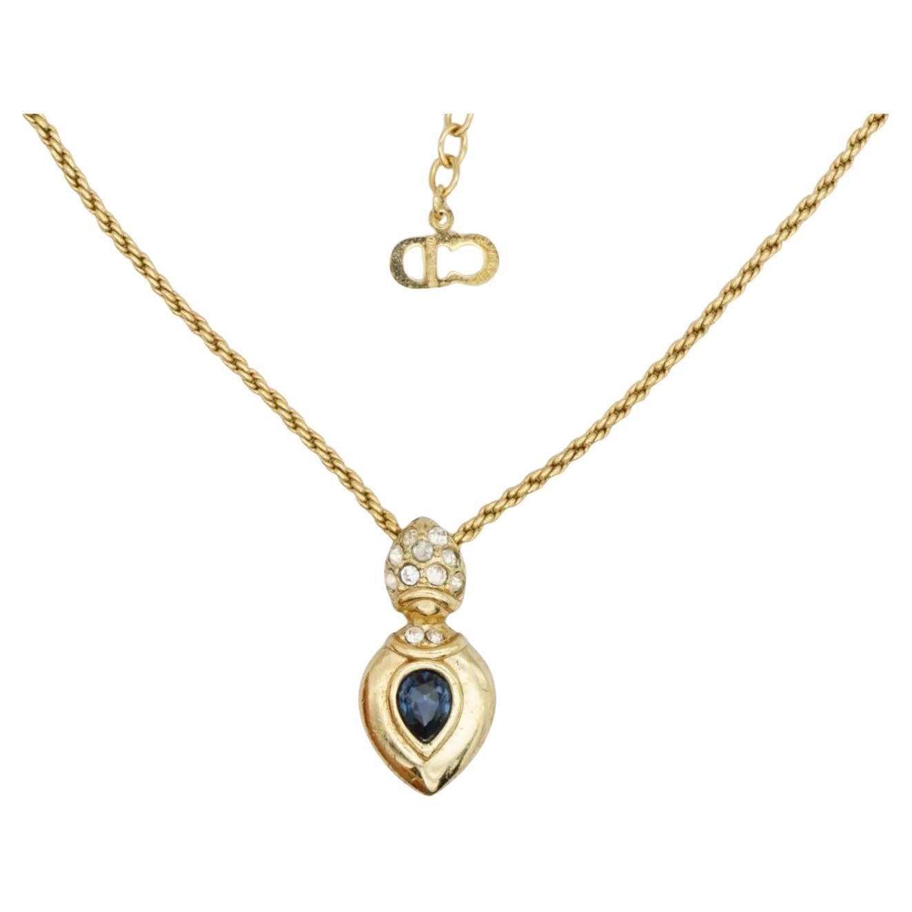 Christian Dior Vintage 1980s Sapphire Crystals Water Tear Drop Pendant Necklace For Sale