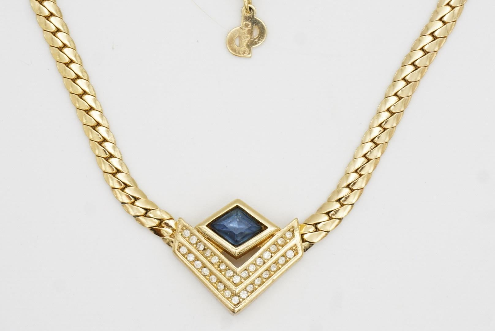 Christian Dior Collana vintage anni '80 con zaffiro, diamante e cristalli a doppio triangolo in vendita 3
