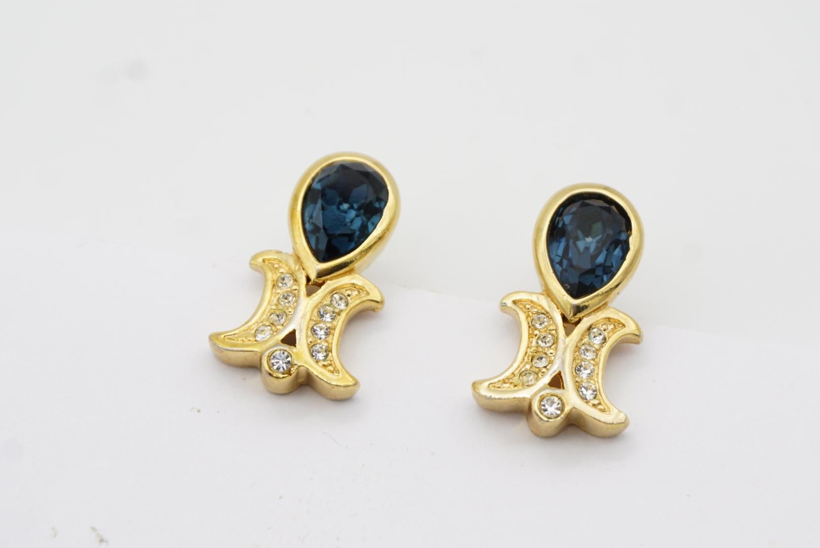 Christian Dior Vintage 1980s Sapphire Double Crystals Moons Water Drop Earrings For Sale 5