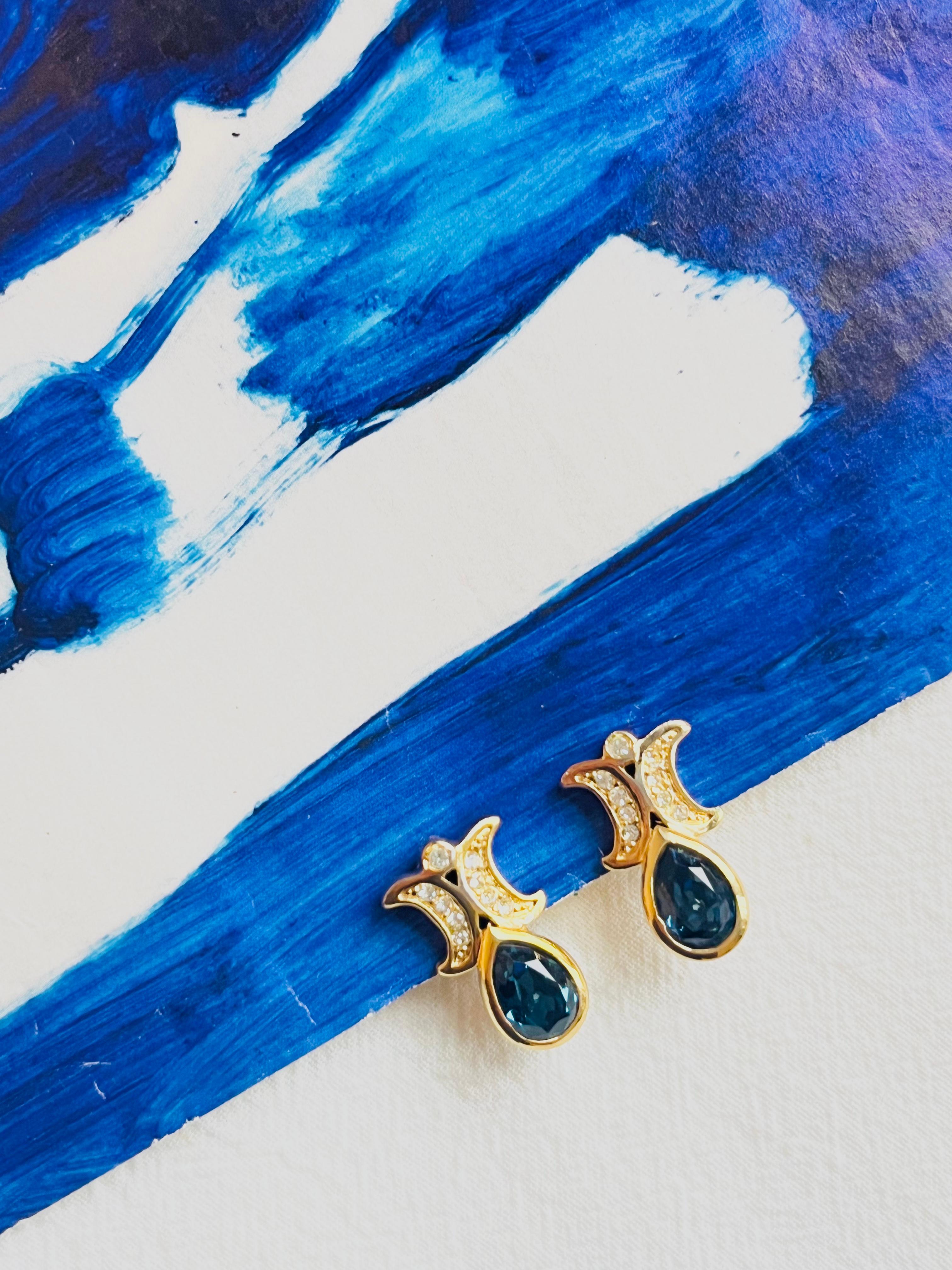 Art Deco Christian Dior Vintage 1980s Sapphire Double Crystals Moons Water Drop Earrings For Sale
