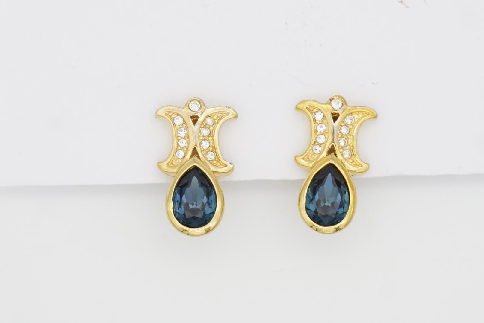 Christian Dior Vintage 1980s Sapphire Double Crystals Moons Water Drop Earrings For Sale 3