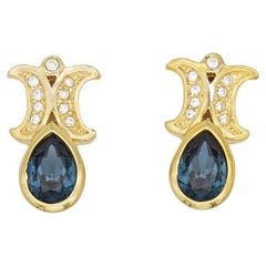Christian Dior Vintage 1980s Sapphire Double Crystals Water Drop Moons Earrings