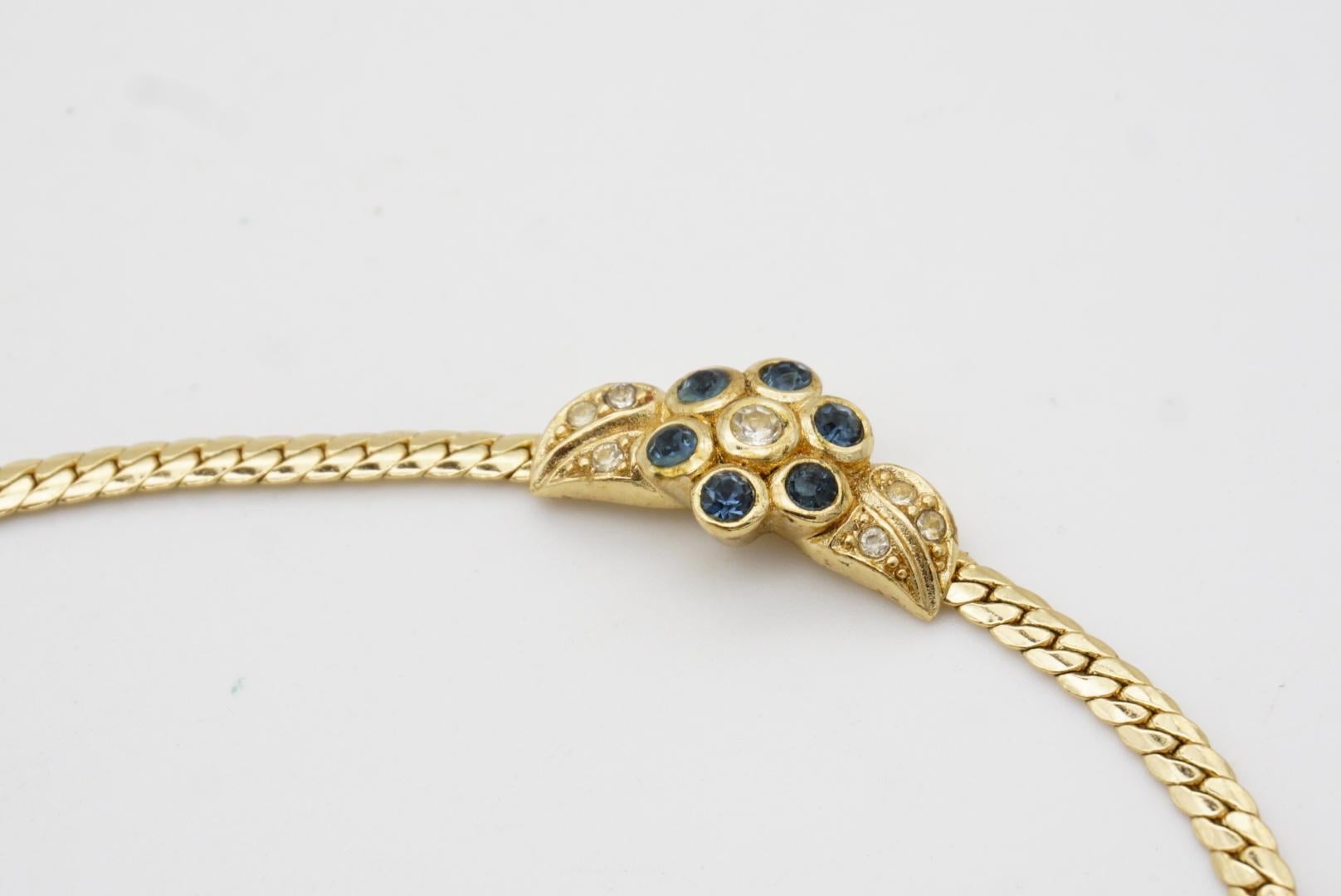 Christian Dior Vintage 1980s Sapphire Flower Leaf Crystal Pendant Gold Necklace For Sale 5