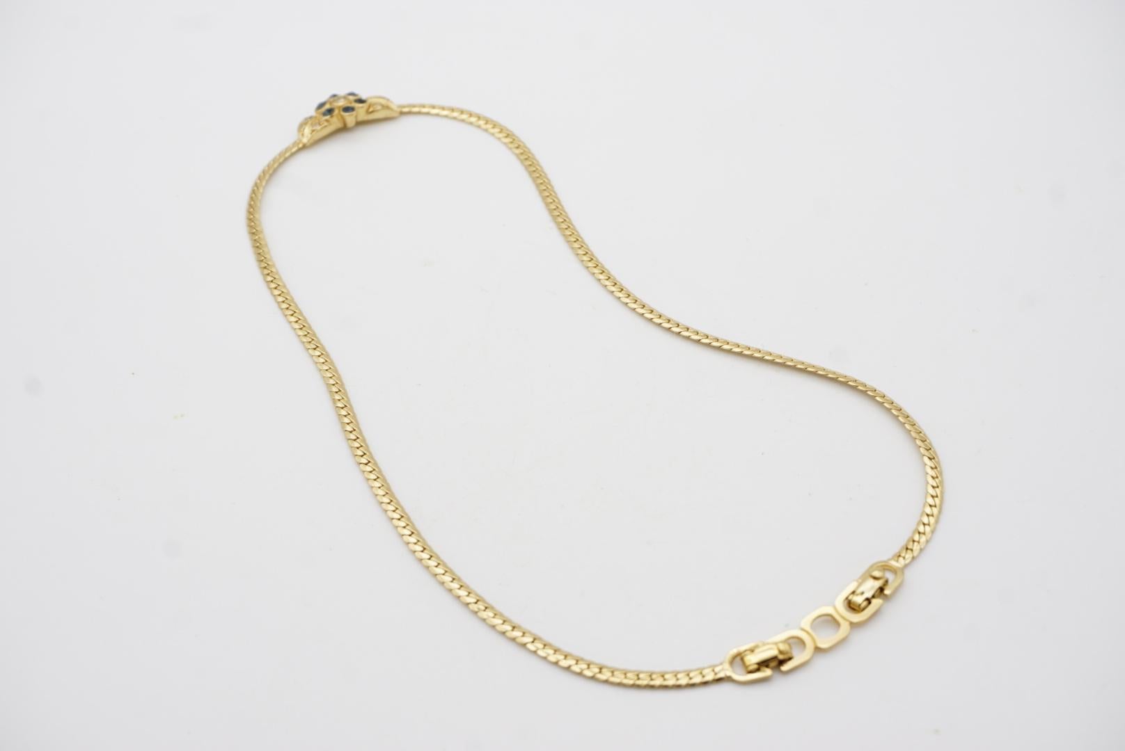Christian Dior Vintage 1980s Sapphire Flower Leaf Crystal Pendant Gold Necklace For Sale 6