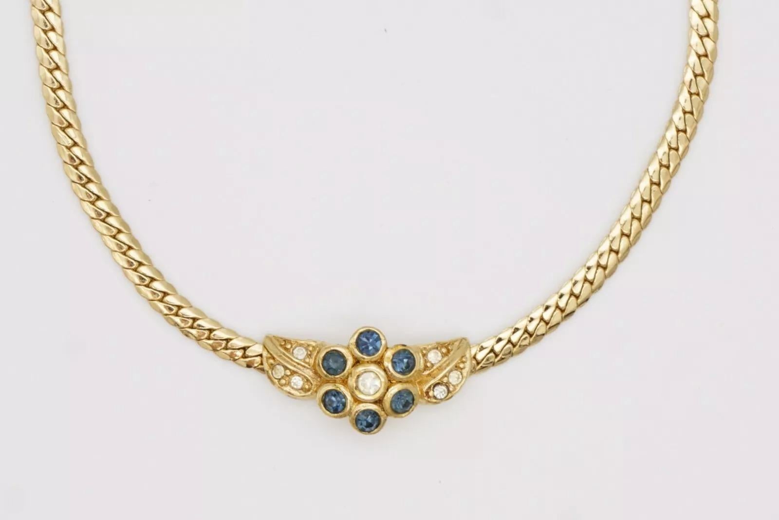 Christian Dior Vintage 1980s Sapphire Flower Leaf Crystal Pendant Gold Necklace en vente 10