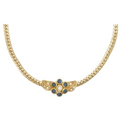 Christian Dior Vintage 1980s Sapphire Flower Leaf Crystal Pendant Gold Necklace