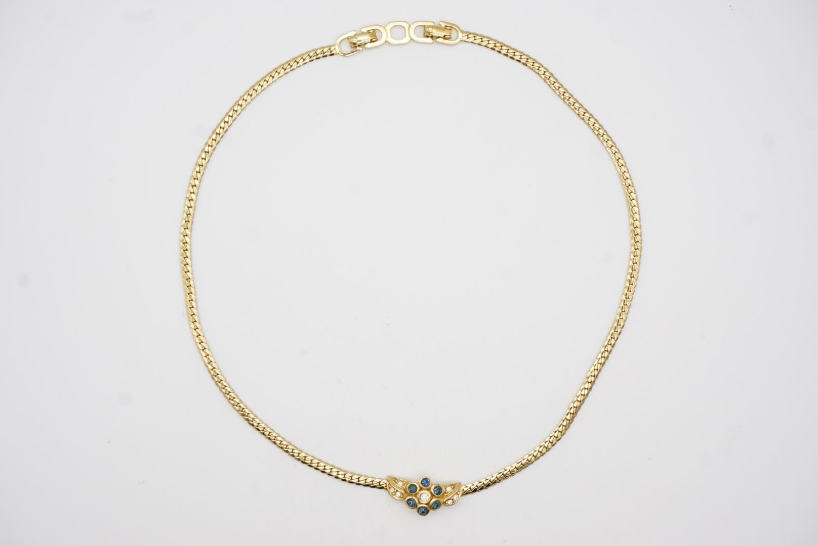 Christian Dior Vintage 1980s Sapphire Flower Leaf Crystal Pendant Gold Necklace For Sale 3