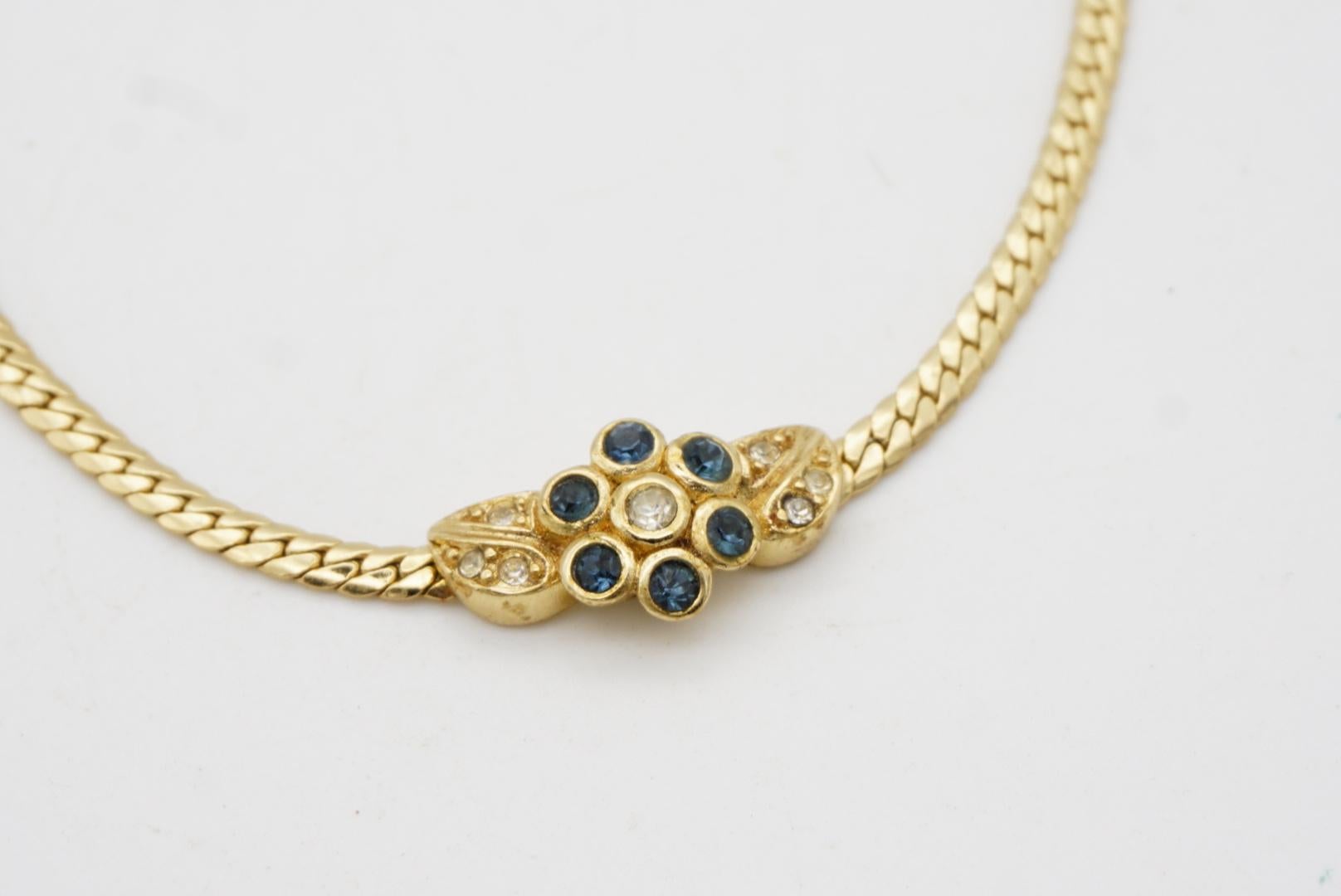 Christian Dior Vintage 1980s Sapphire Flower Leaf Crystal Pendant Gold Necklace For Sale 4