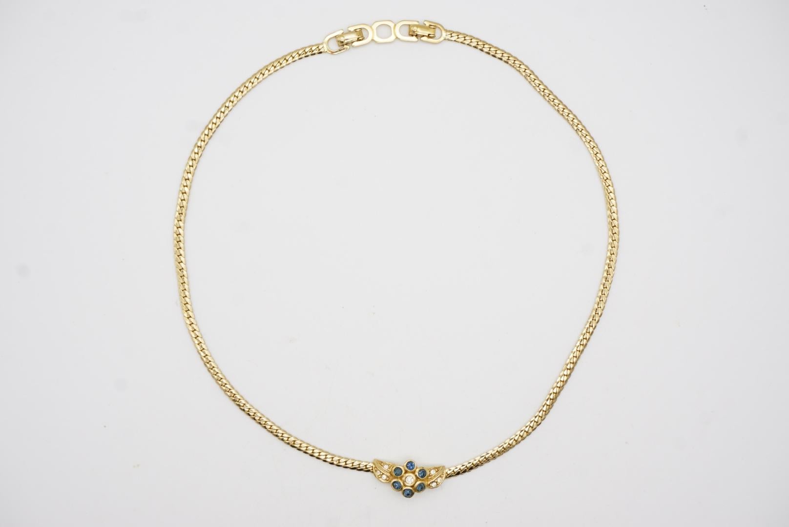 Christian Dior Vintage 1980s Sapphire Flower Leaf Crystal Pendant Gold Necklace 4