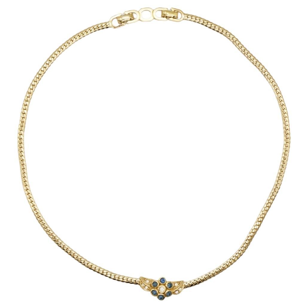 Christian Dior Vintage 1980s Sapphire Flower Leaf Crystal Pendant Gold Necklace For Sale