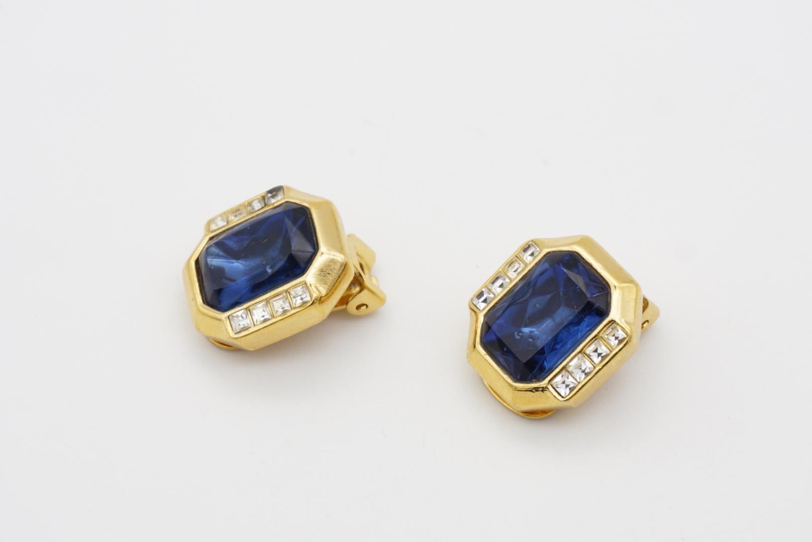 Christian Dior Vintage 1980s Sapphire Navy Crystals Octagonal Gold Clip Earrings 2