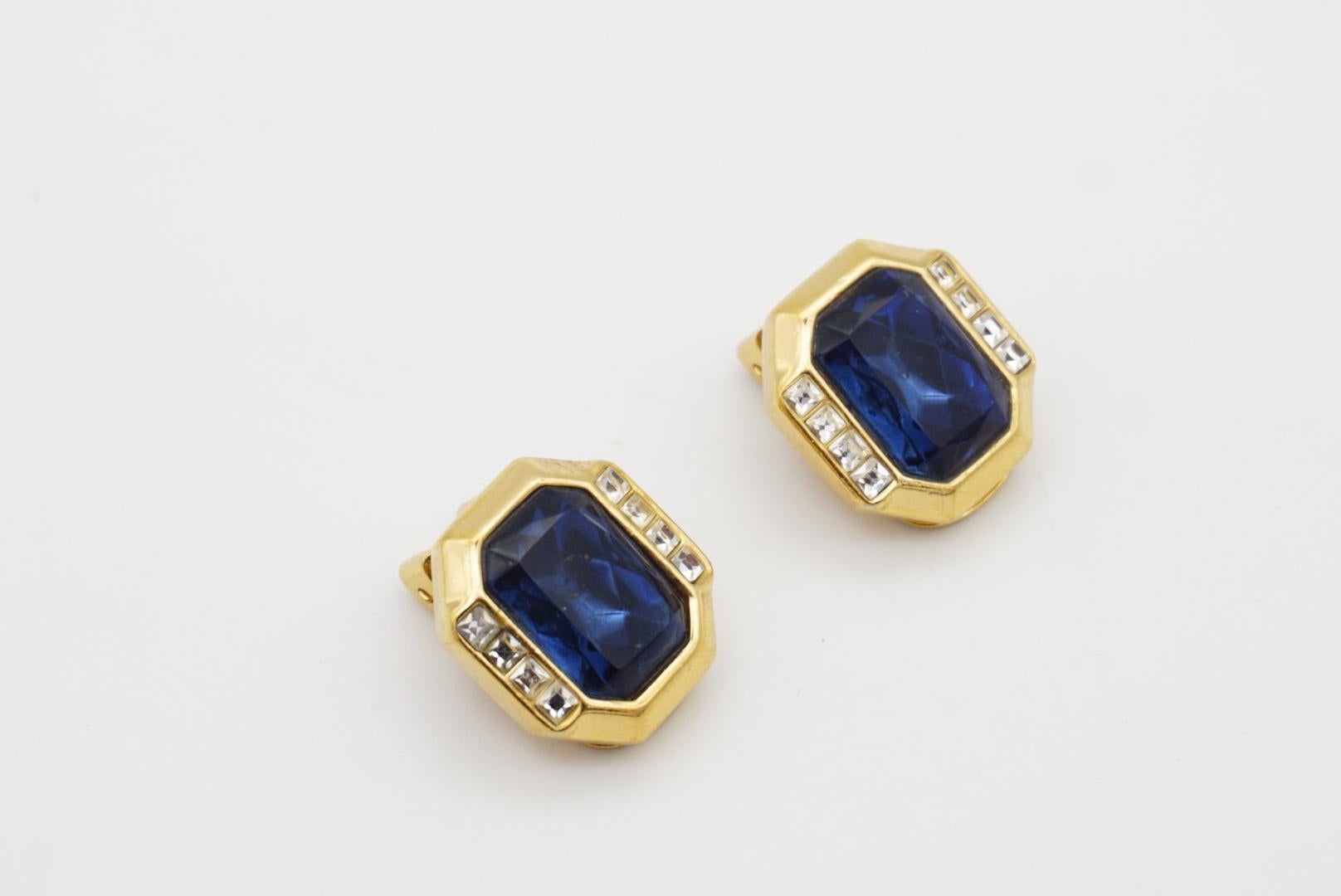 Christian Dior Vintage 1980s Sapphire Navy Crystals Octagonal Gold Clip Earrings 3