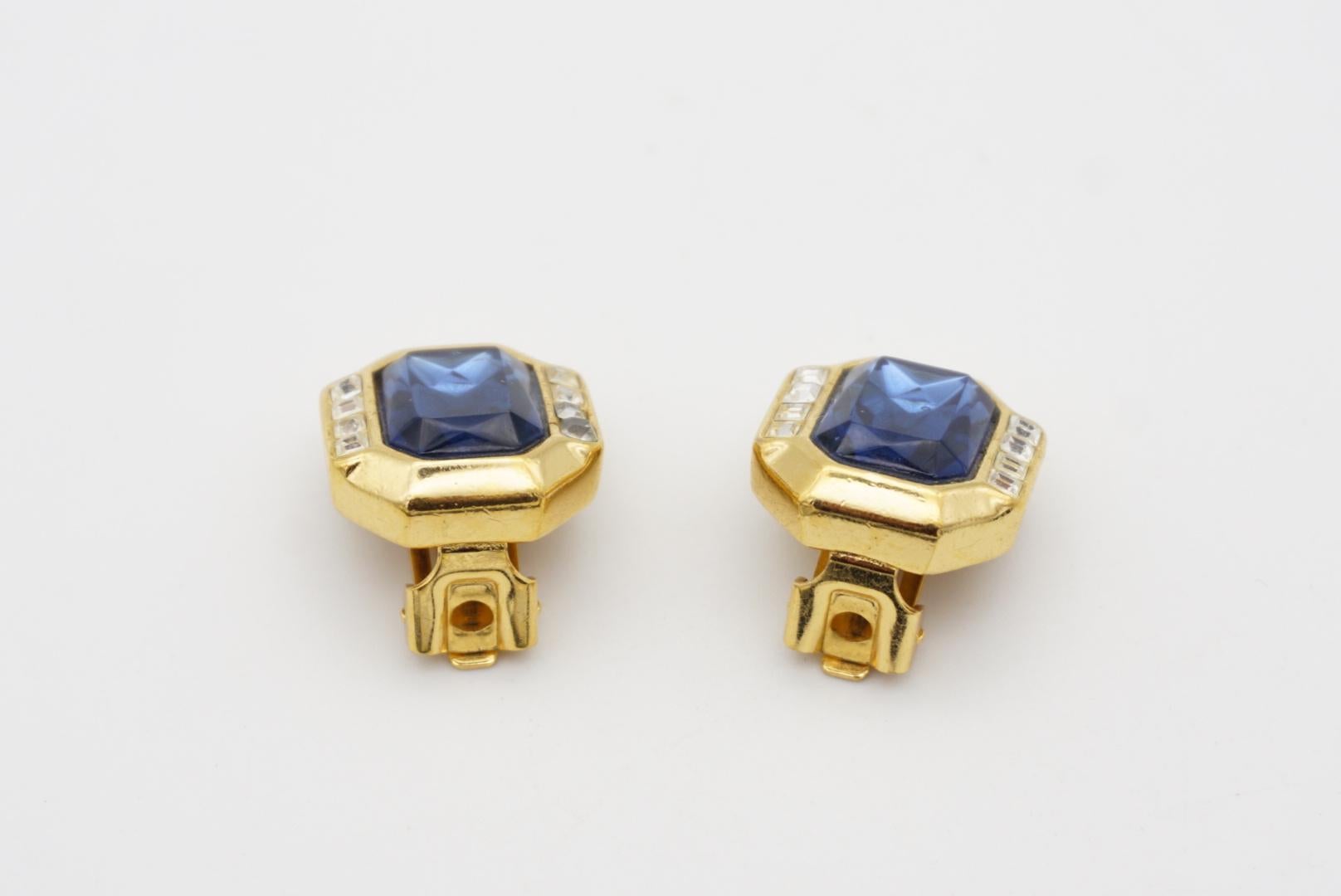 Christian Dior Vintage 1980s Sapphire Navy Crystals Octagonal Gold Clip Earrings 4