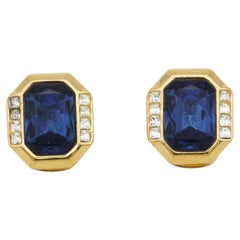 Christian Dior Vintage 1980s Sapphire Navy Crystals Octagonal Gold Clip Earrings