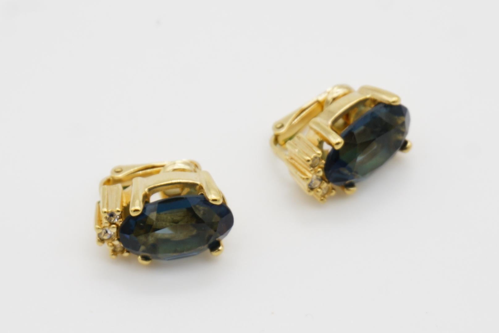 Christian Dior Vintage 1980s Sapphire Navy Oval Crystals Gold Clip On Earrings For Sale 5