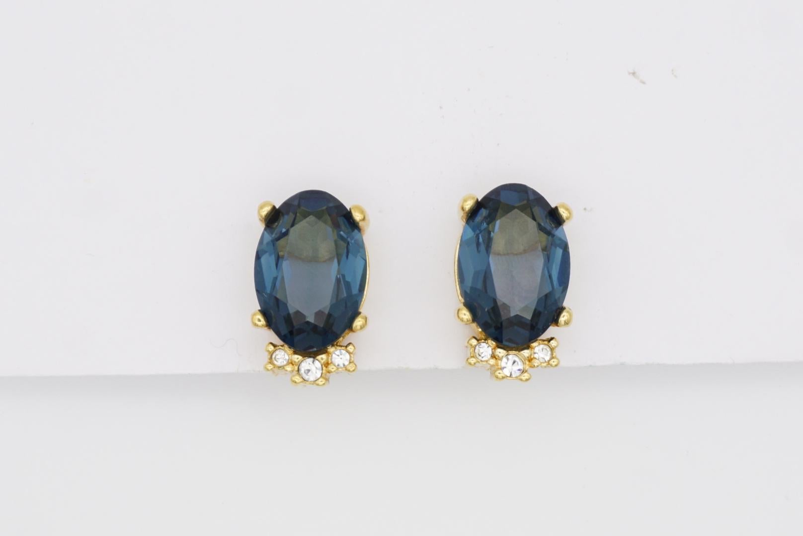 Christian Dior Vintage 1980s Sapphire Navy Oval Crystals Gold Clip On Earrings For Sale 2