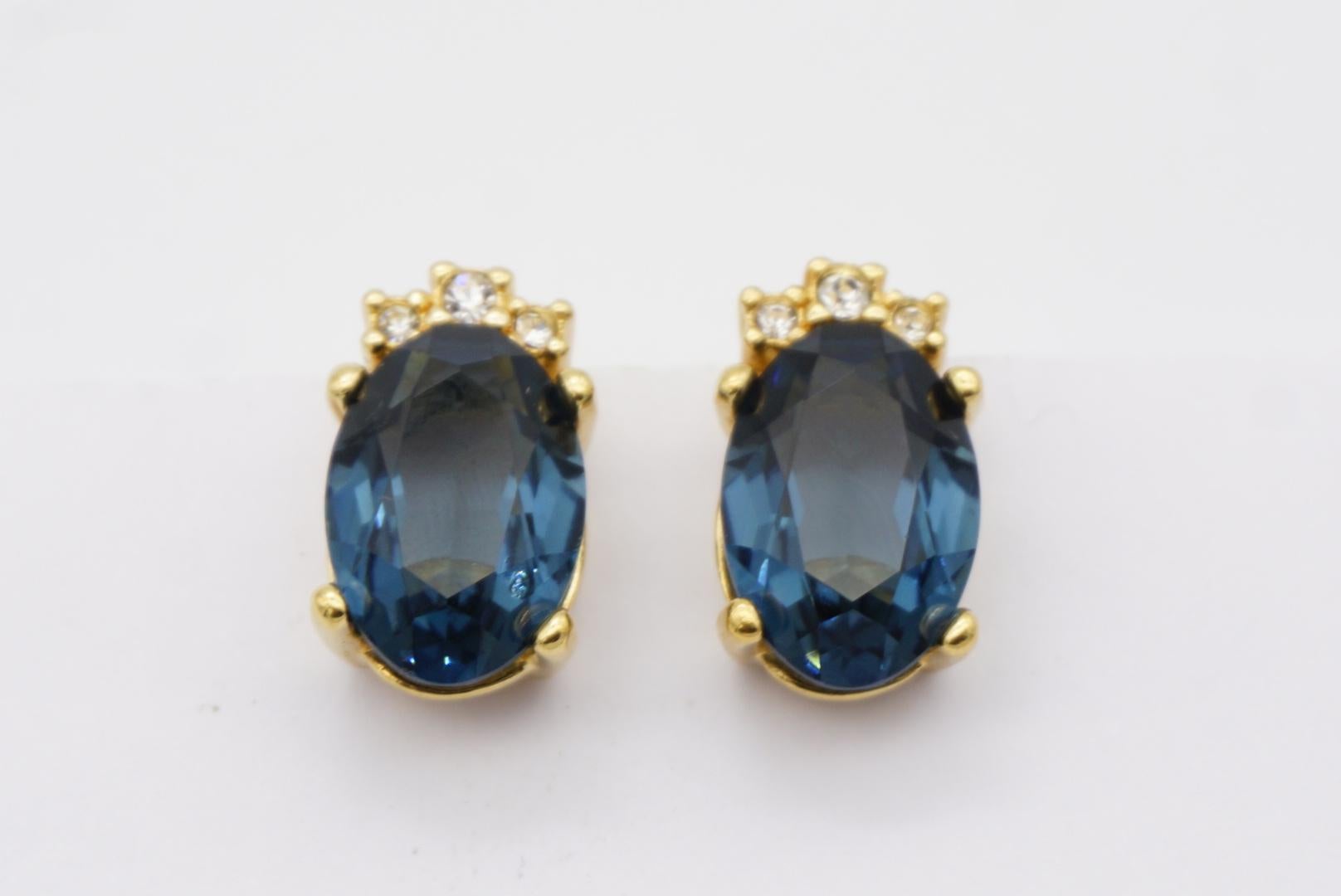 Christian Dior Vintage 1980s Sapphire Navy Oval Crystals Gold Clip On Earrings For Sale 4
