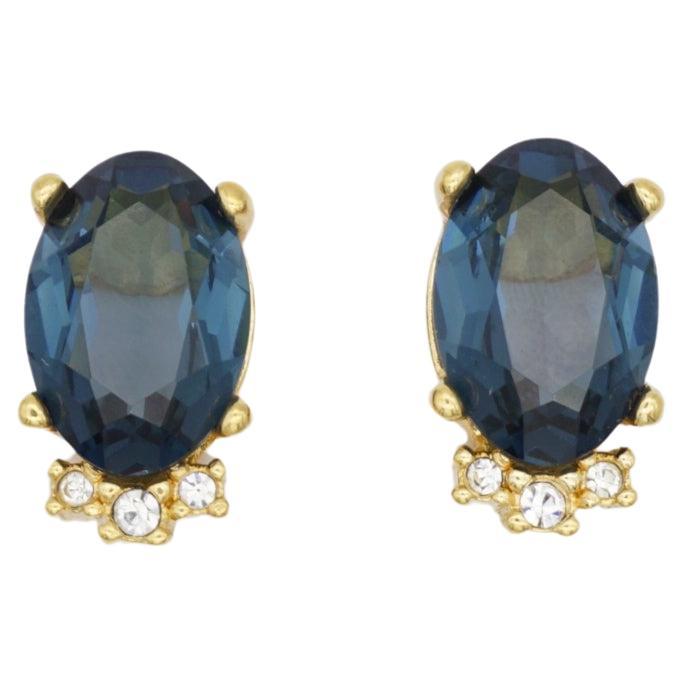Christian Dior Vintage 1980s Sapphire Navy Oval Crystals Gold Clip On Earrings For Sale