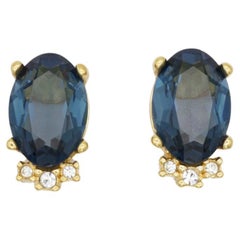 Christian Dior Retro 1980s Sapphire Navy Oval Crystals Gold Clip On Earrings