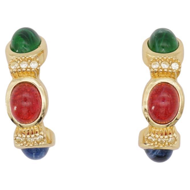 Christian Dior Vintage 1980s Sapphire Ruby Emerald Gripoix Crystal Hoop Earrings For Sale